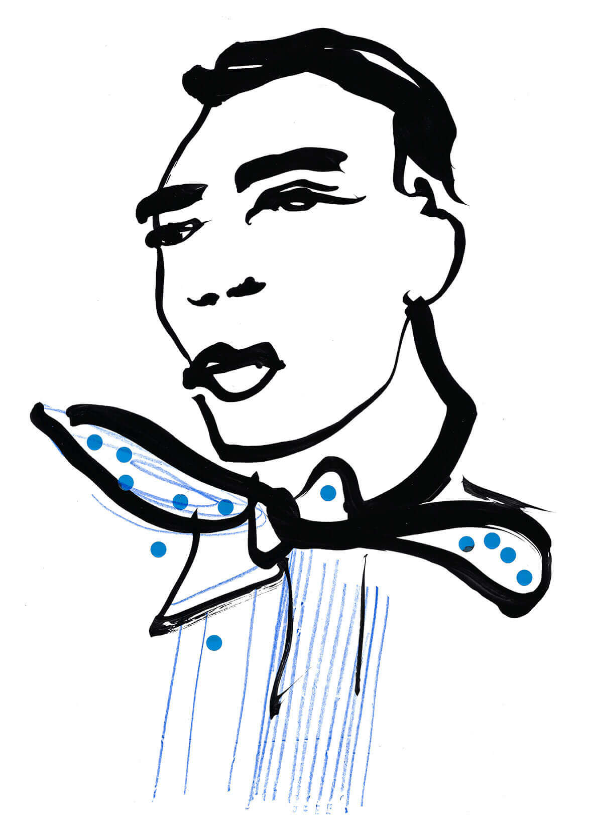ink line drawing of a black man in a necktie