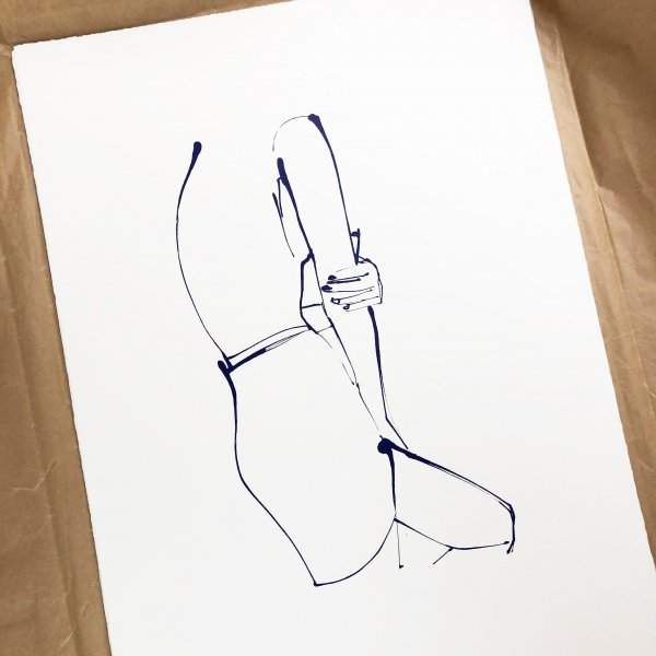 Limited edition silkscreen print for the home. From an original drawing by illustrator Caroline Tomlinson. Side view of a woman drawn wearing her underwear. Blue linear illustration. Print Club London collaboration.
