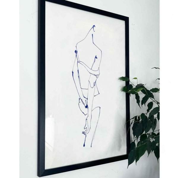 Limited edition silkscreen print for the home. From an original drawing by illustrator Caroline Tomlinson. Back view of a woman drawn wearing her underwear. Blue linear illustration.