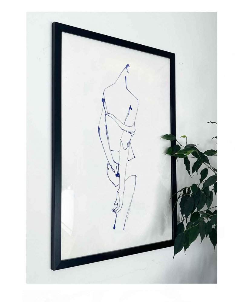 Limited edition silkscreen print for the home. From an original drawing by illustrator Caroline Tomlinson. Back view of a woman drawn wearing her underwear. Blue linear illustration.