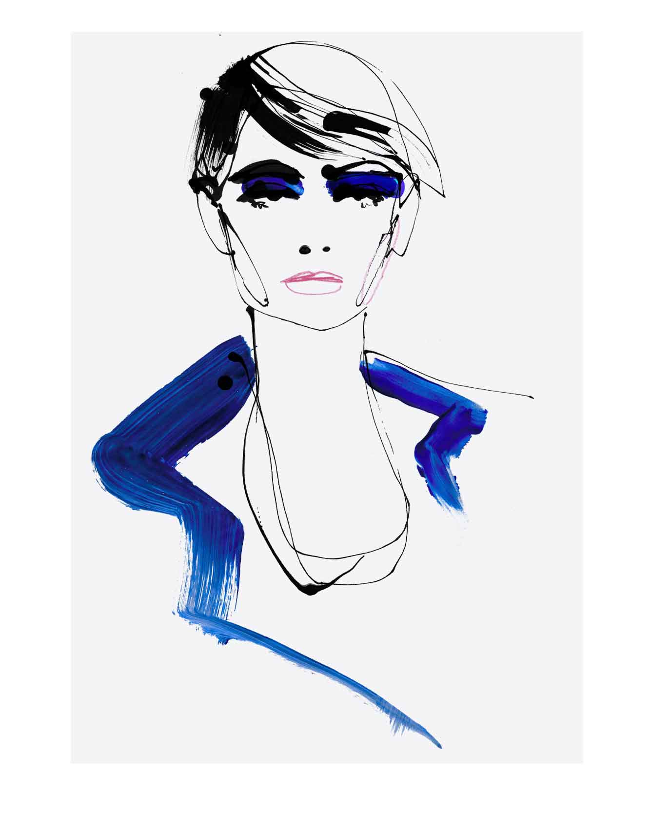 Fashion illustration in ink and watercolour. Energetic linear illustration style. Black and blue lines.