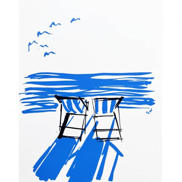 Summer on the beach inspired silkscreen print two deckchairs on the coast