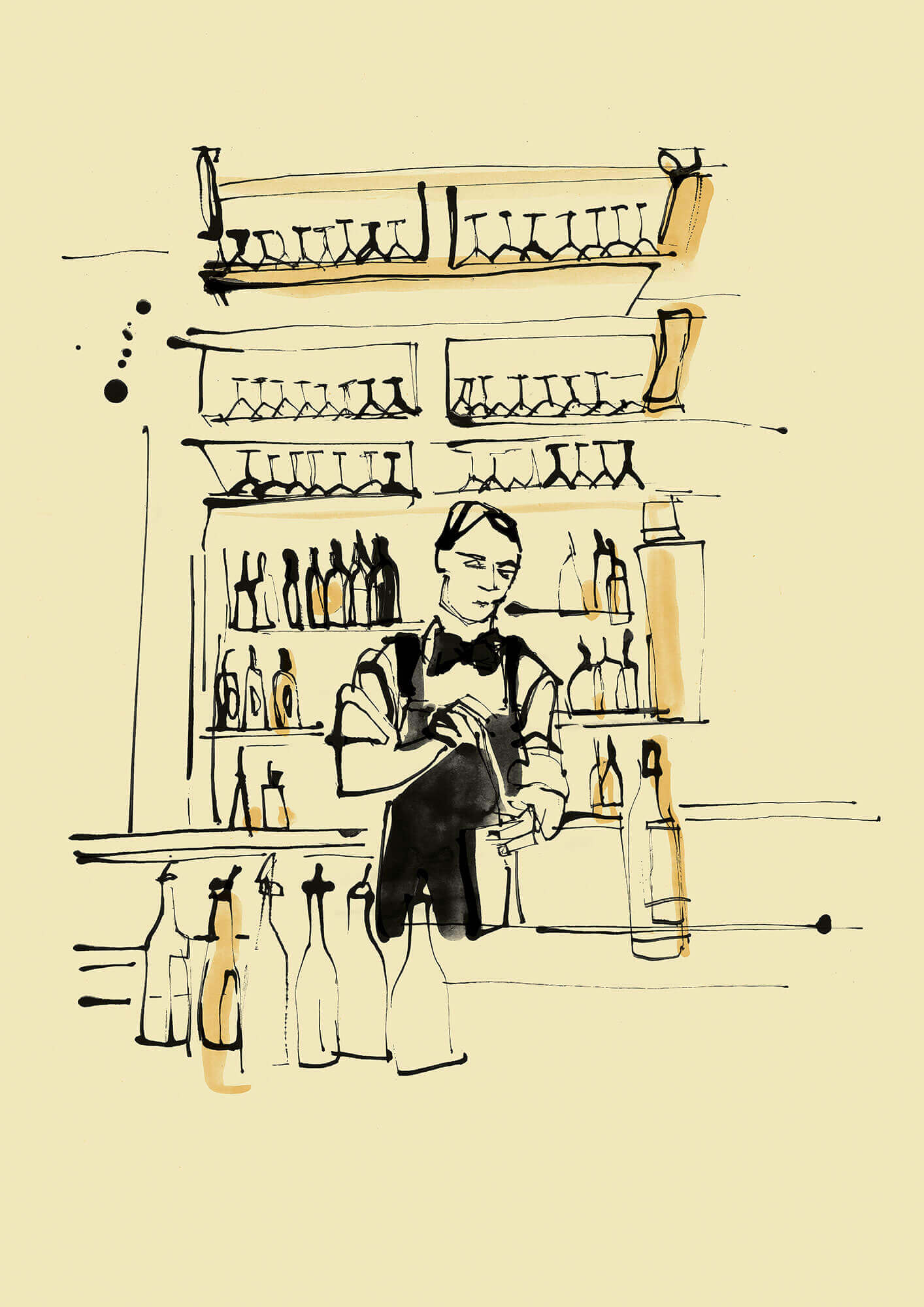 Drawing of a man making cocktails in a luxury hotel bat