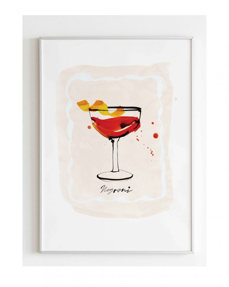 For the love of cocktail hour and negronis. Creative collaboration with The House of Negroni. Limited edition print inspired by Italy and cocktails. Endless Summer. Orange ink washes. Illustration of glass of negroni. Cocktail illustration.