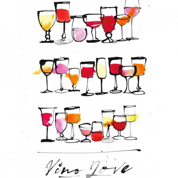 Wine inspired illustration an art print for the home by Caroline Tomlinson. Using watercolour and ink, each print is hand finished to capture a mix of wine. Giclee print available in A3 with hand painted colour added. Please note. Each print will vary. Edition of 100.