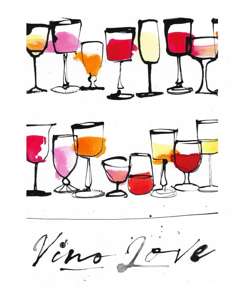 Detail of Wine inspired illustration an art print for the home by Caroline Tomlinson. Using watercolour and ink, each print is hand finished to capture a mix of wine. Giclee print available in A3 with hand painted colour added. Please note. Each print will vary. Edition of 100.