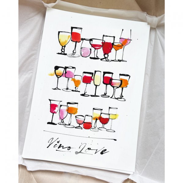 Wine inspired illustration an art print for the home by Caroline Tomlinson. Using watercolour and ink, each print is hand finished to capture a mix of wine. Giclee print available in A3 with hand painted colour added. Please note. Each print will vary. Edition of 100.