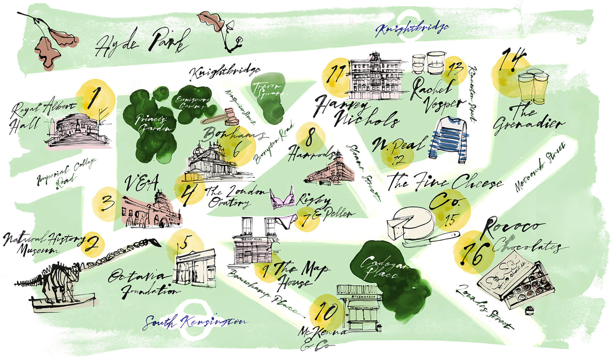 A hand drawn map of West London for Hilton Hotels. South Kensington and Knightsbridge Neighbourhood Gems Illustrated Map