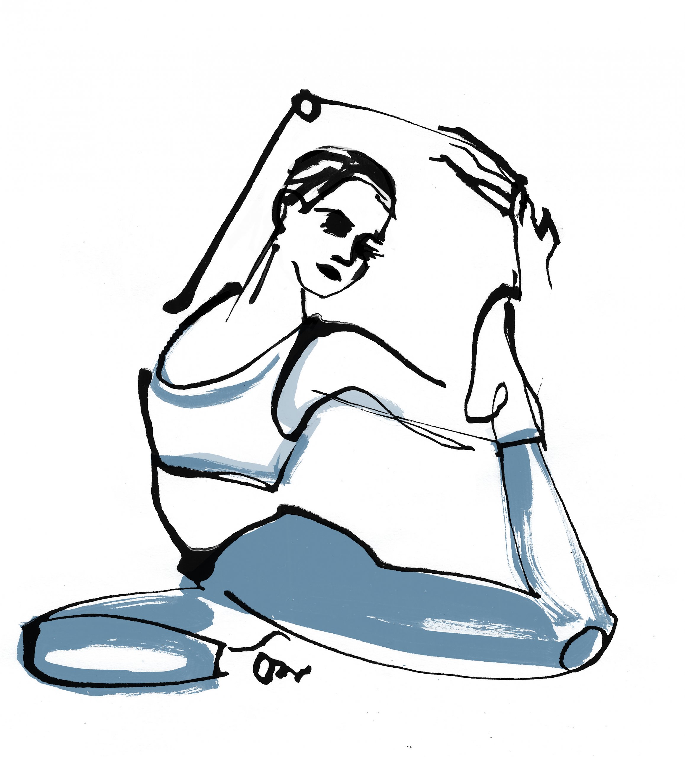 Illustration of girl in yoga pose. Loose ink line of girl in a yoga pose for Tracy Anderson method, editorial magazine.
