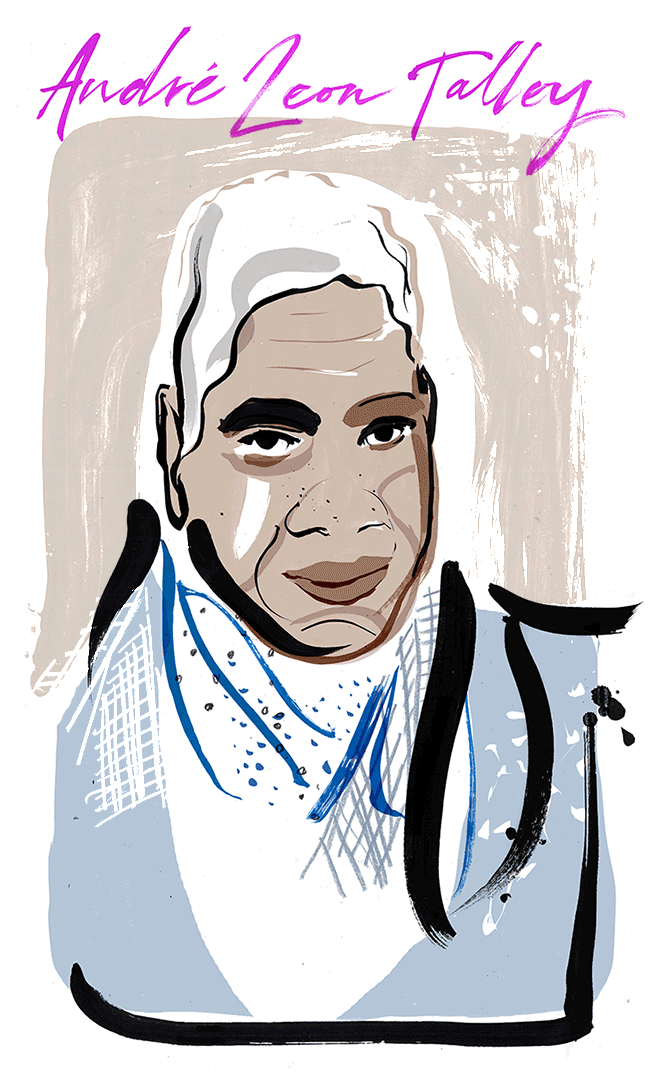 Illustrated portrait of style icon, writer and stylist at American Vogue André Leon Talley. Illustrated in ink and watercolour.