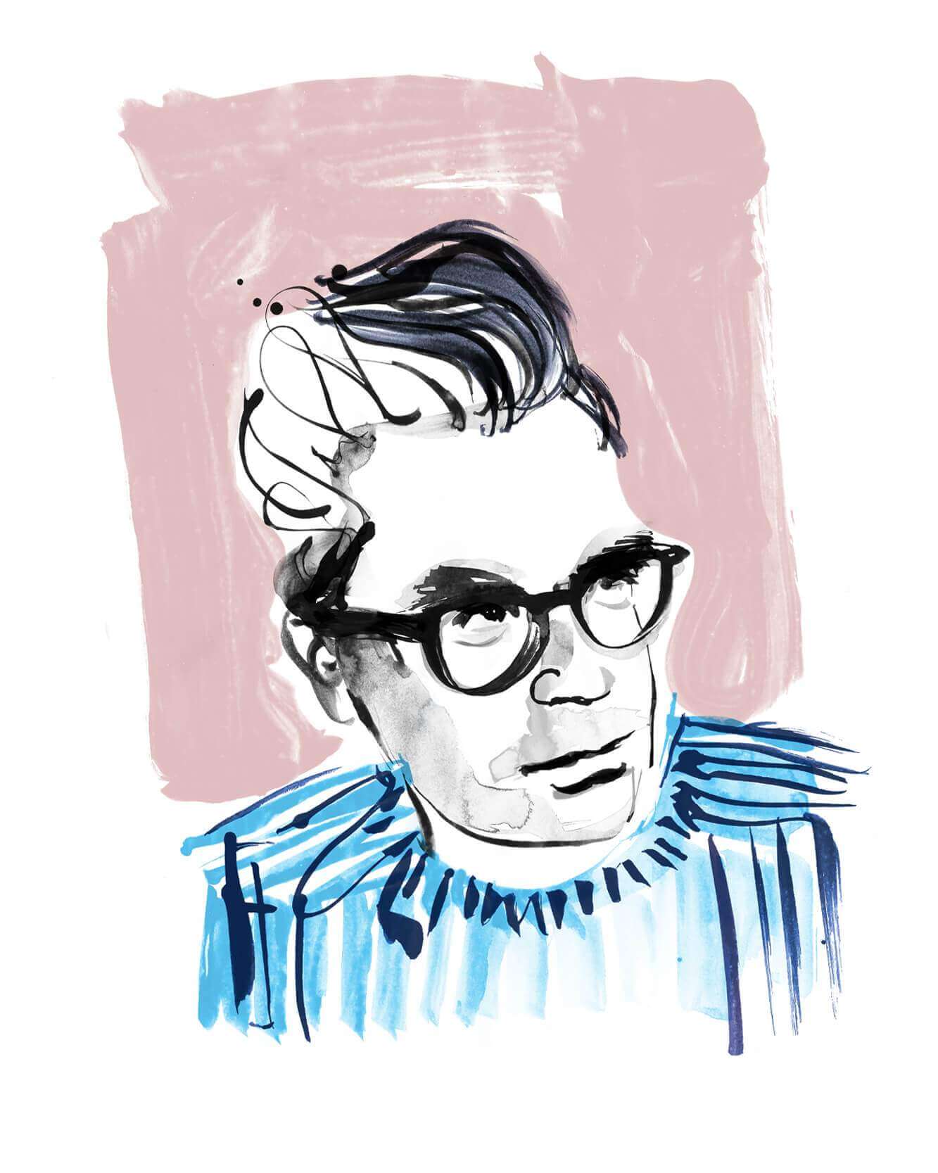 Illustrated portrait of style icon, writer and actor Dan Levy of Schitt's Creek. Illustrated in ink and watercolour.