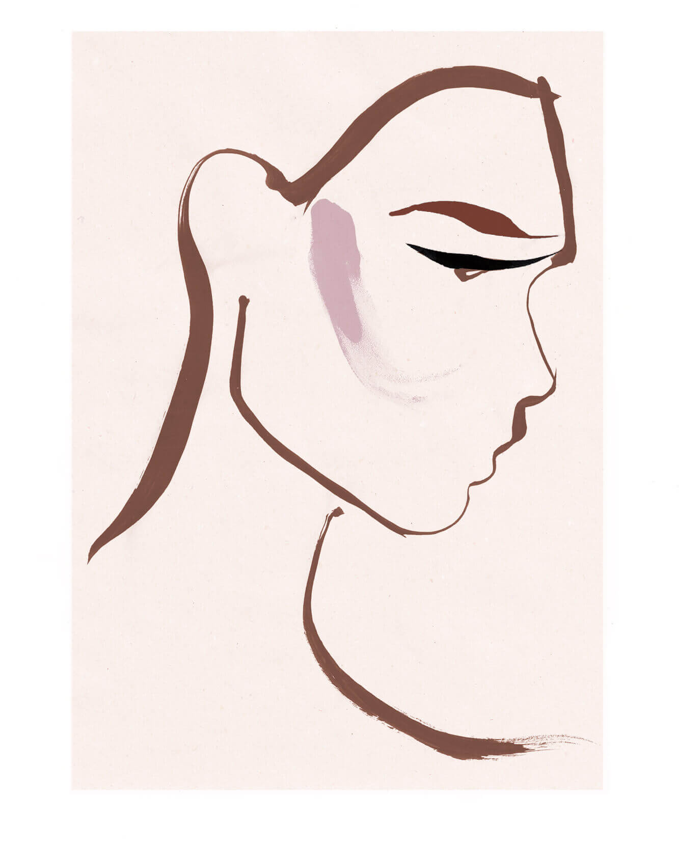 Simple brushstroke illustration, the profile of a woman for make up brand. Beauty illustration. Blusher illustration.