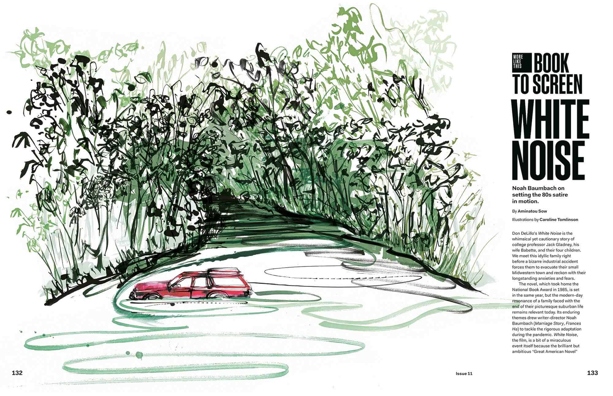 Book to film editorial illustration for Netflix White Noise. Landscape of a car floating in a river. Energetic brushstrokes illustrated in ink and watercolour.