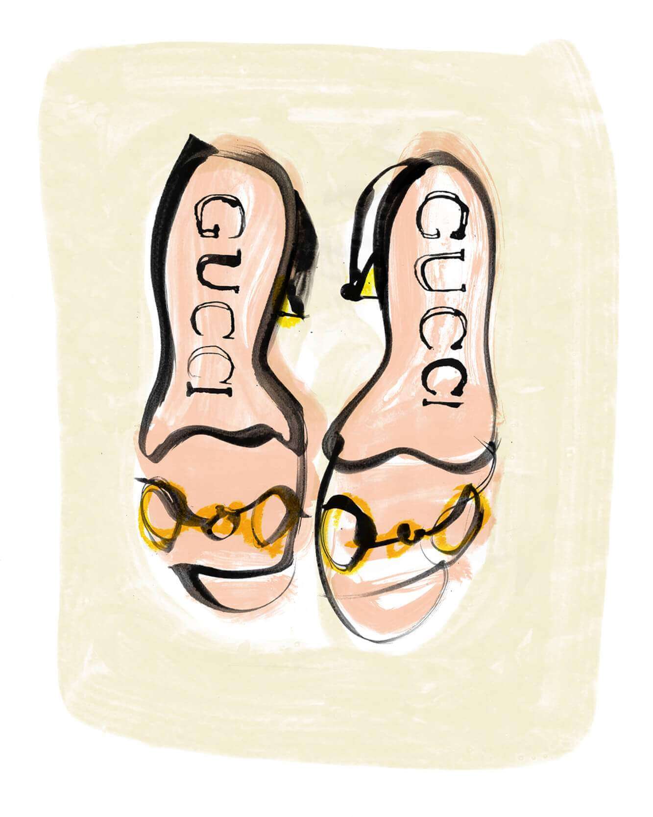 Fashion illustration of Gucci shoes. Ink illustration capturing the iconic Gucci mules. Fashion accessories illustrated.