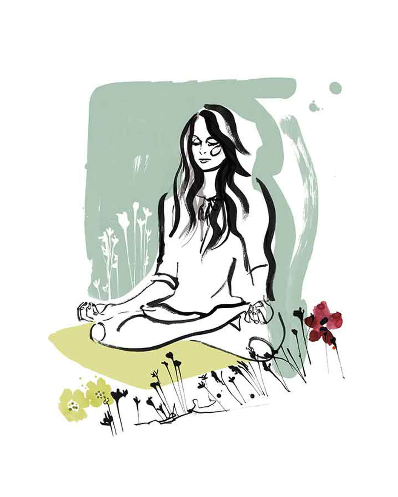 Editorial illustration in ink and watercolour for Tracy Anderson Method Magazine capturing a woman. Theme of well being, meditation and yoga. 