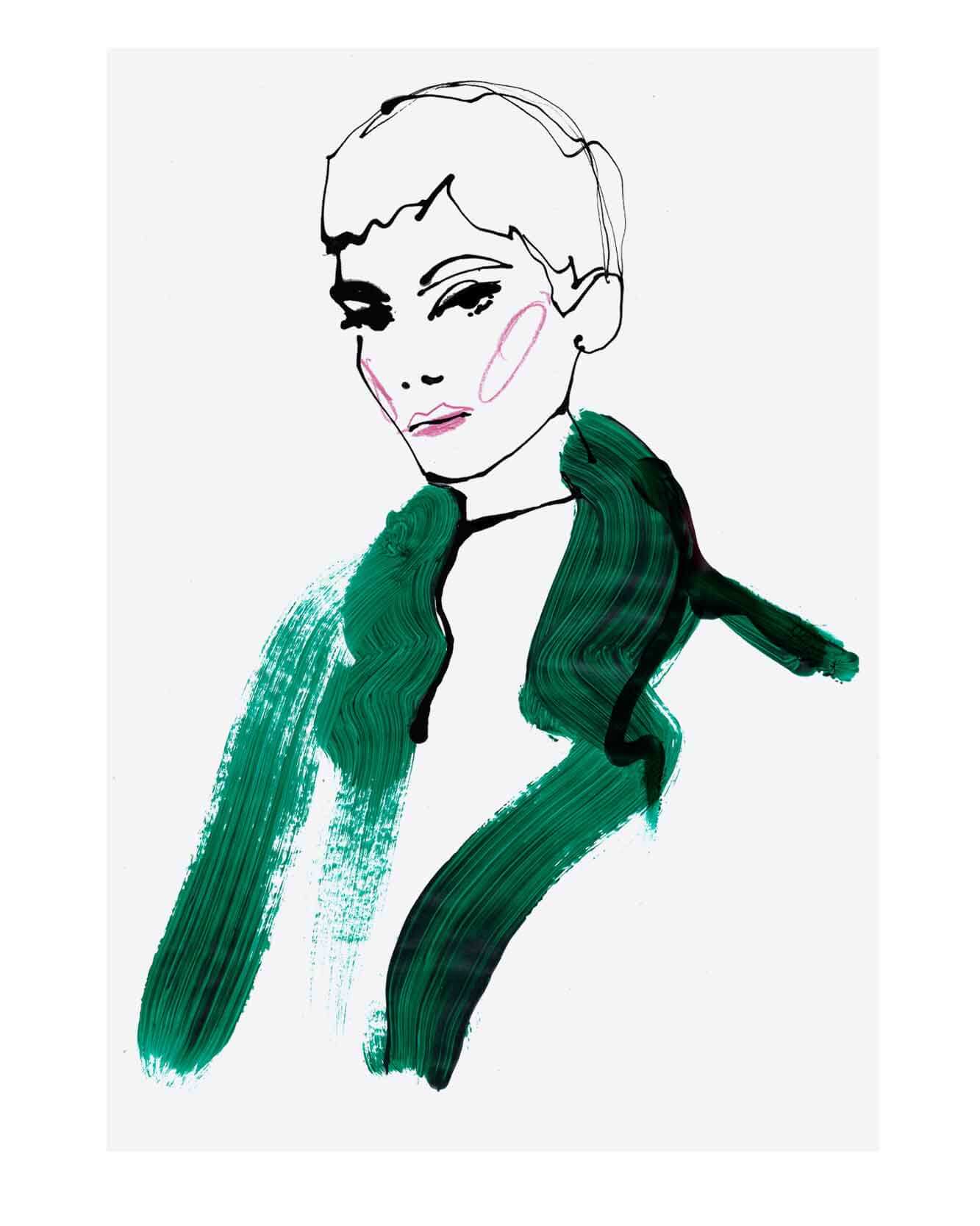 Fashion illustration in ink and watercolour. Energetic linear illustration style. Green and black lines. 