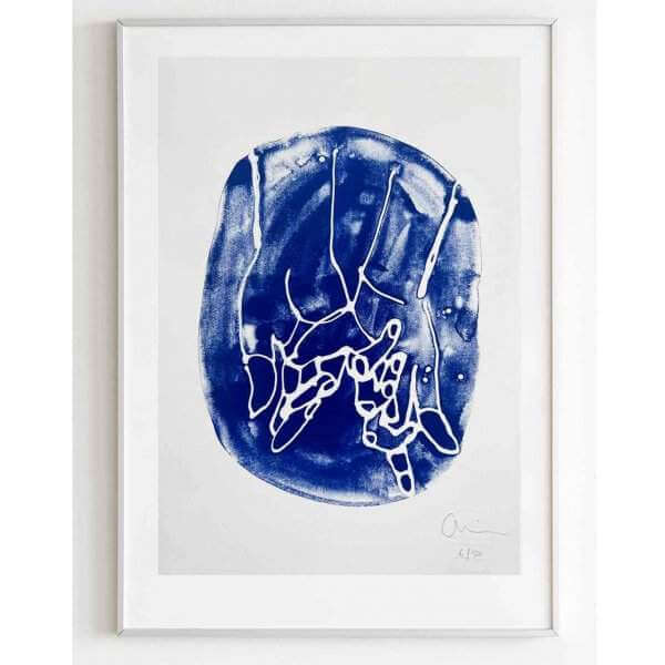 An edition 50 screen print by Caroline Tomlinson inspired by the magic of being together. One colour hand printed silkscreen A4 sized print. Blue background and white lines of two hands holing each other, together.