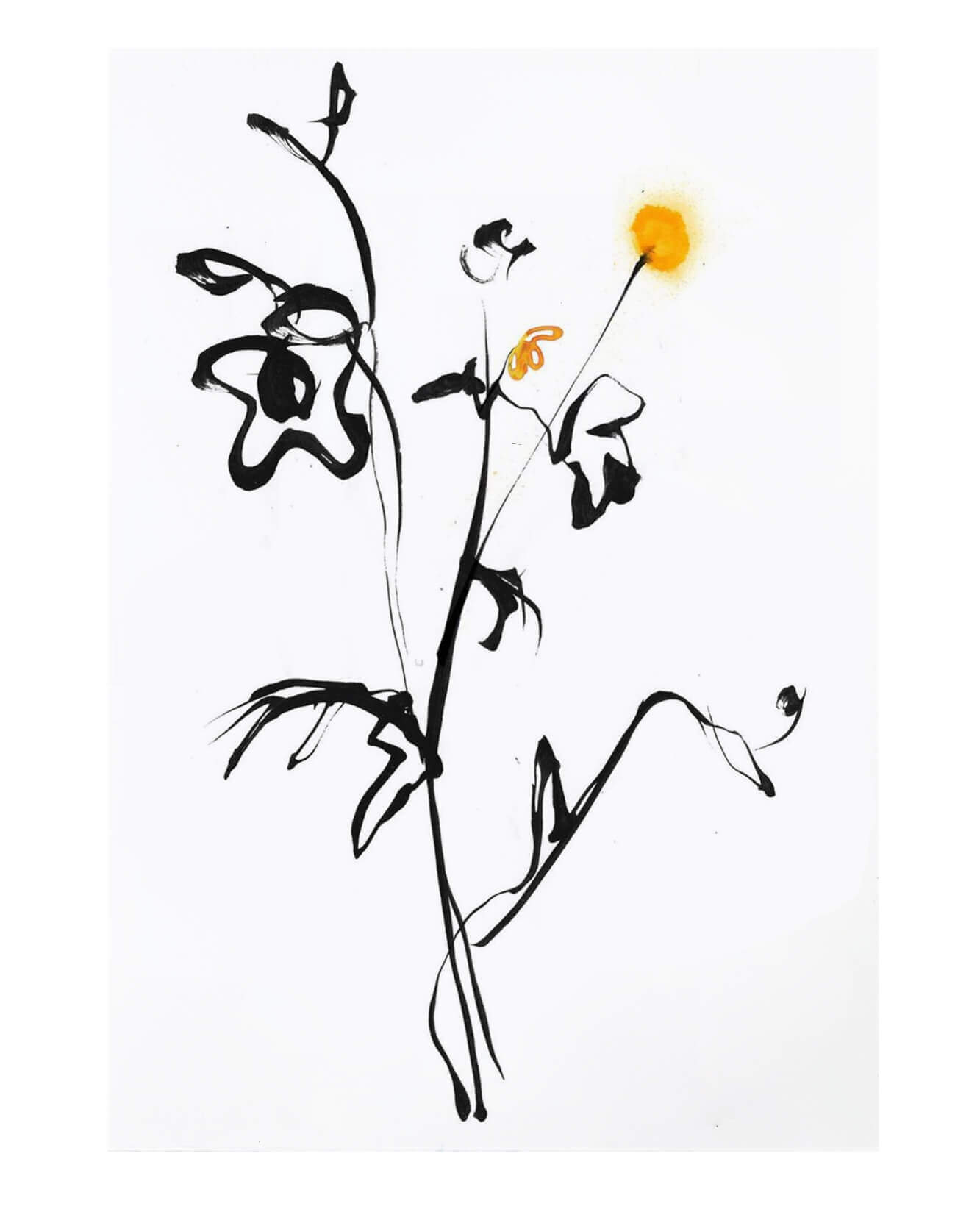 Linear brush strokes in ink. An illustration of a bunch of flowers. Using black ink and yellow ink.