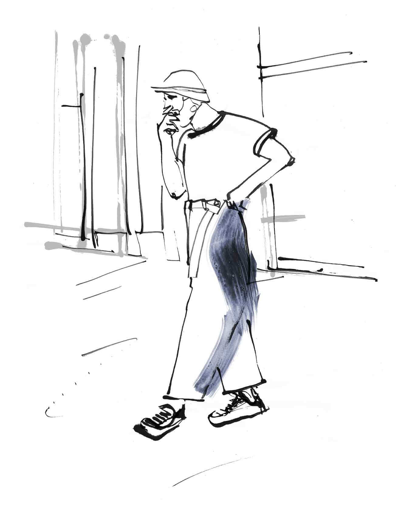 Street style fashion sketch. Man smoking, stood waiting at London fashion week. Quick ink and coloured pencil drawing. Linear fashion illustration inspired style
