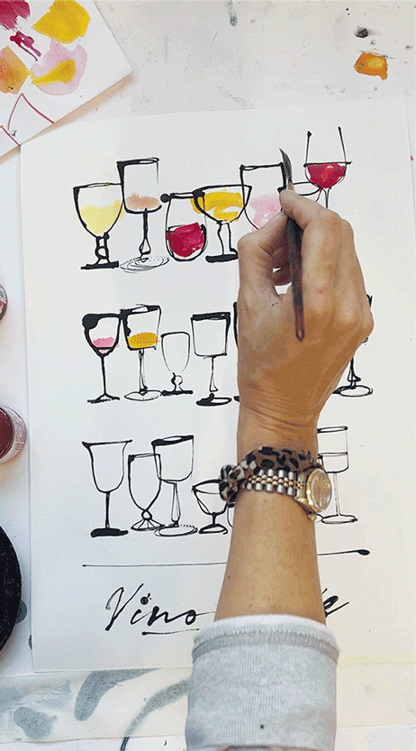 Hand painted Wine inspired illustration an art print for the home by Caroline Tomlinson. Using watercolour and ink, each print is hand finished to capture a mix of wine. Giclee print available in A3 with hand painted colour added. Please note. Each print will vary. Edition of 100.