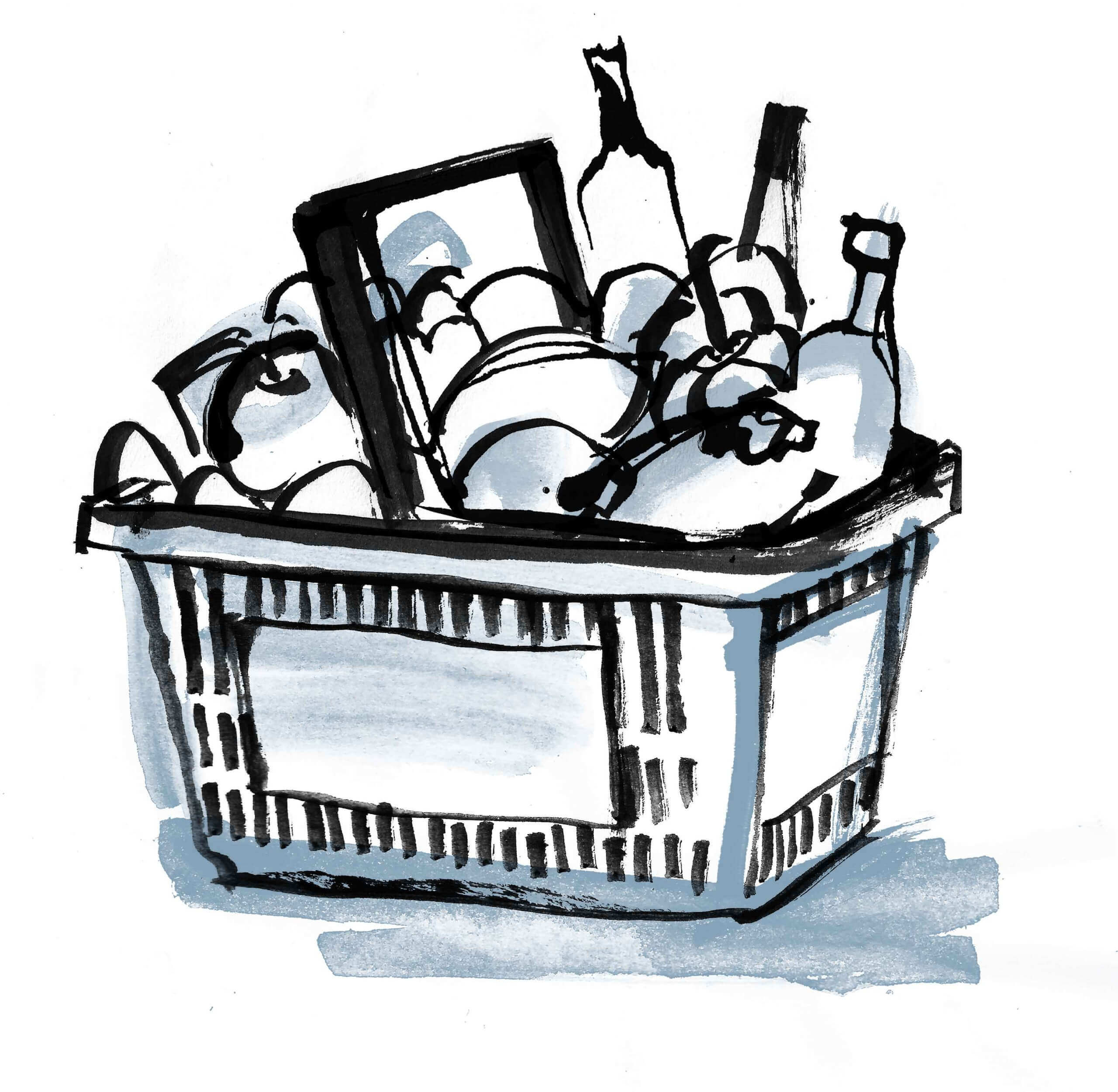 Illustration of a basket of food groceries.Food illustration. Energetic line work, ink and watercolour.