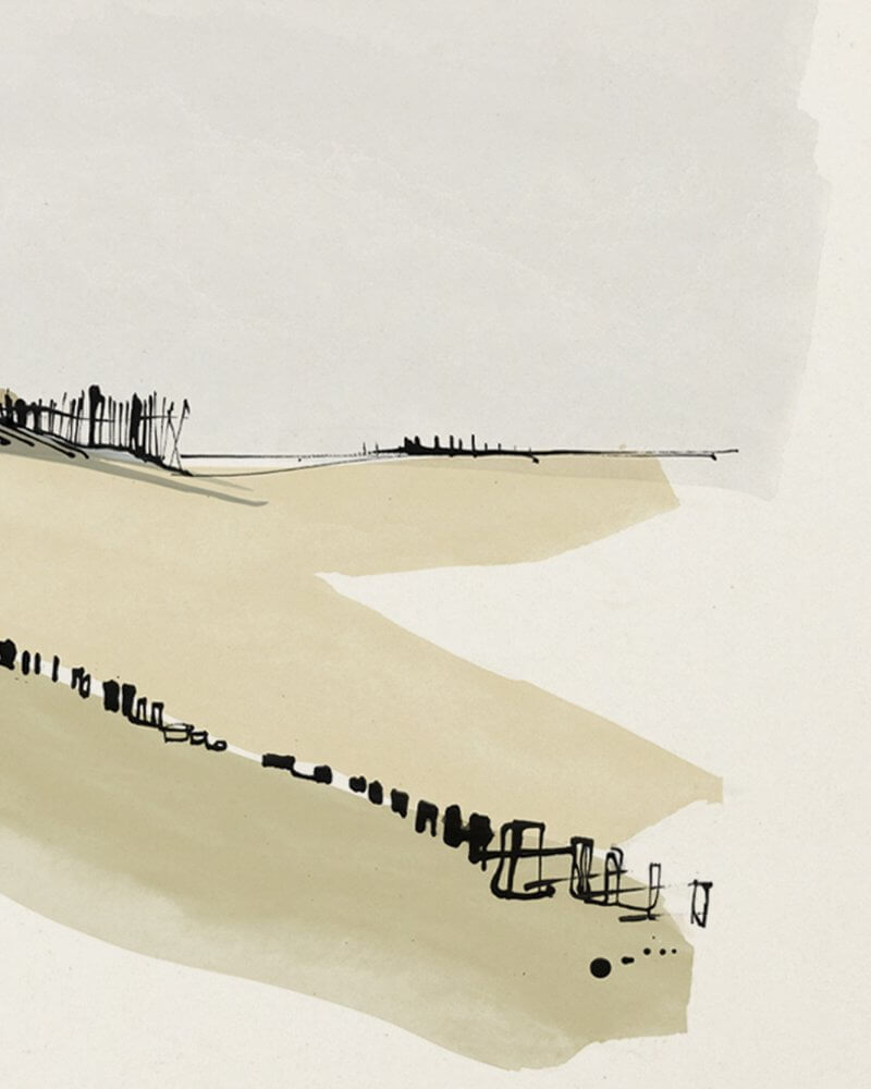 Coastal inspired sketchbook and drawings. Inspired by the walks along the UK coastline. Brush stroke artwork drawn in ink. Travel inspired illustration. Sand dunes captured in watercolour and ink.