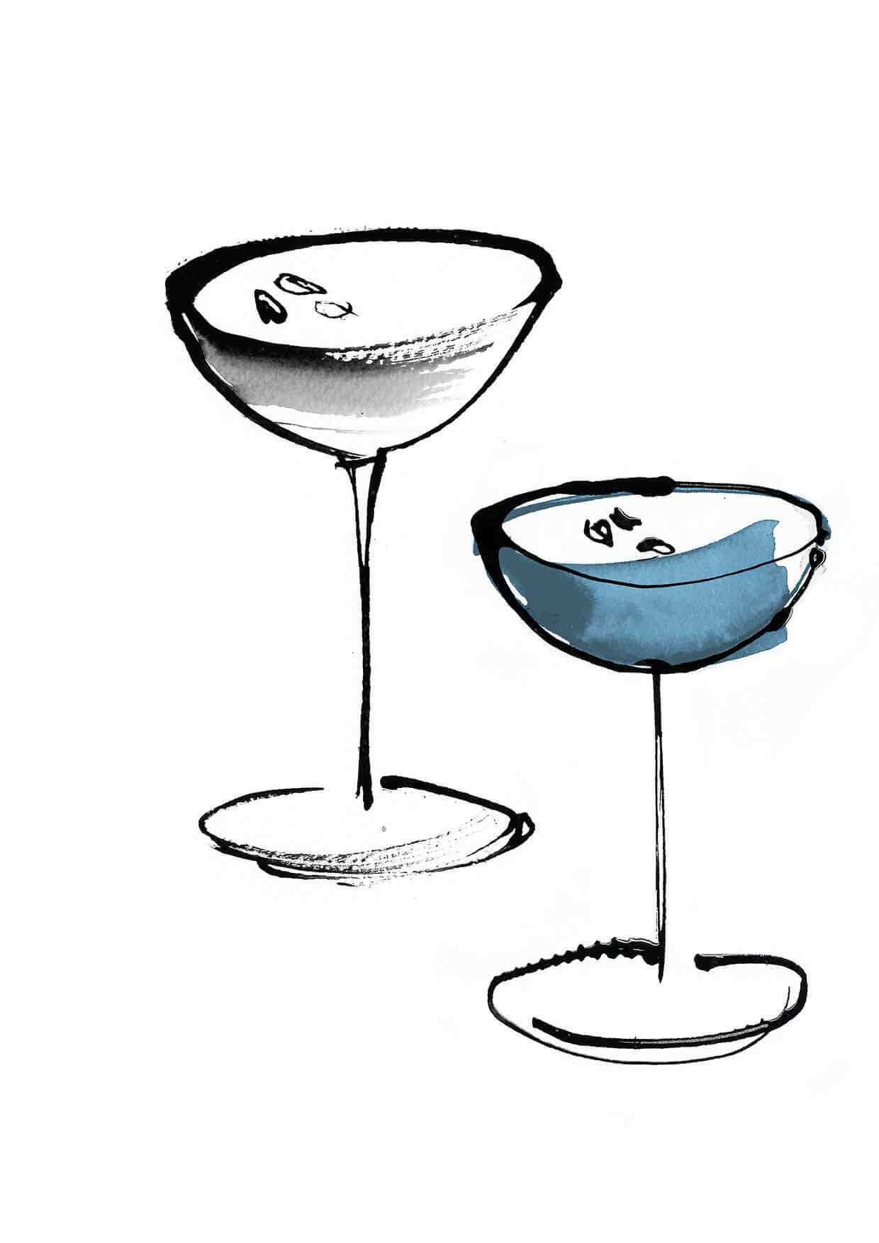 Illustration of a expresso martini cocktails.Food and drink illustration. Energetic line work, ink and watercolour.