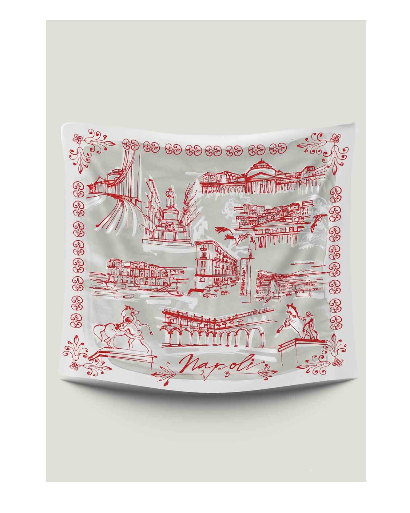 Silk scarf illustration. Inspired by Italian city of Naples for fashion brand Kitson, who's headquarters are in the ancient Italian city. Simple linear style illustration and flat colours taken from the fashion houses upcoming collections. With drawings of famous Naples landmarks and  architecture.