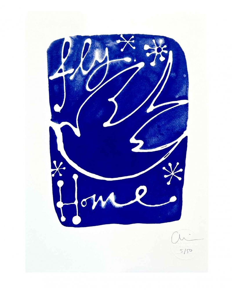 An edition 50 screen print by Caroline Tomlinson inspired by the belonging. One colour hand printed silkscreen A4 sized print. Blue background and white lines of a swallow returning home.