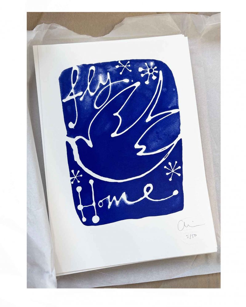 An edition 50 screen print by Caroline Tomlinson inspired by the belonging. One colour hand printed silkscreen A4 sized print. Blue background and white lines of a swallow returning home.