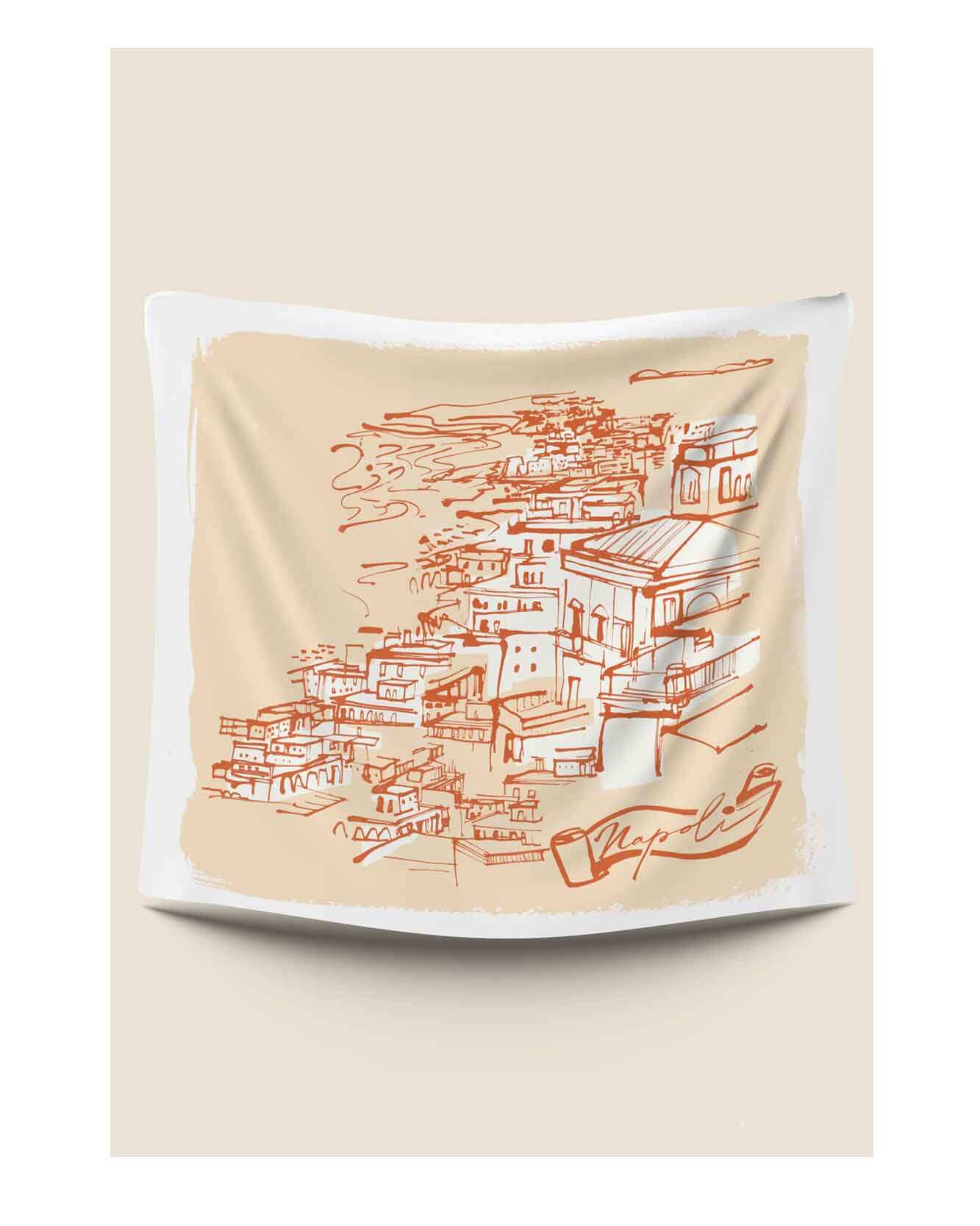 Silk scarf illustration. Inspired by Italian city of Naples for fashion brand Kitson, who's headquarters are in the ancient Italian city. Simple linear style illustration and flat colours taken from the fashion houses upcoming collections. With drawings of famous Naples landmarks and architecture.