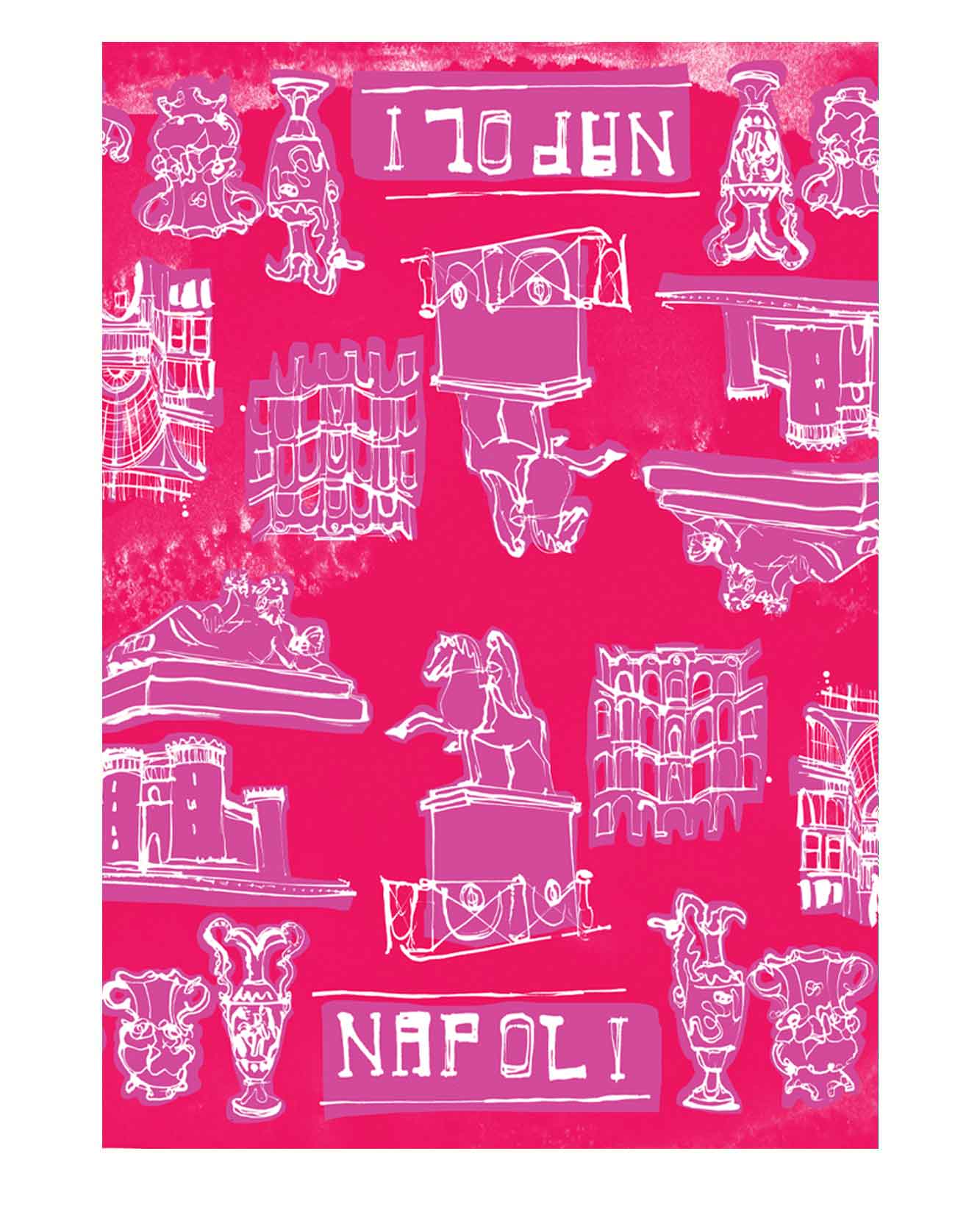 Detail. Full range of silk scarf illustration. Inspired by Italian city of Naples for fashion brand Kiton, who's headquarters are in the ancient Italian city. Simple linear style illustration and flat colours taken from the fashion houses upcoming collections. PInk tones. White line drawings.