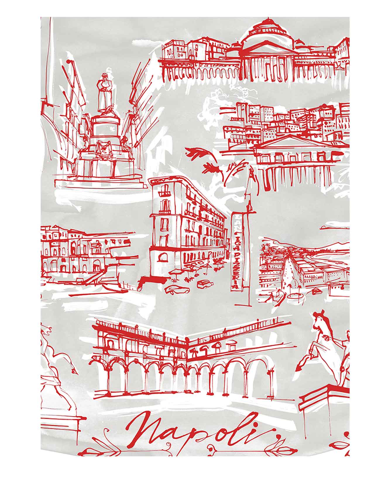 Detail. Silk scarf illustration. Inspired by Italian city of Naples for fashion brand Kitson, who's headquarters are in the ancient Italian city. Simple linear style illustration and flat colours taken from the fashion houses upcoming collections. With drawings of famous Naples landmarks and architecture.
