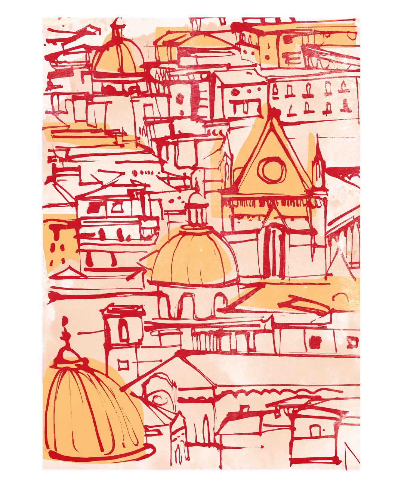 Detail. Silk scarf illustration. Inspired by Italian city of Naples for fashion brand Kiton, who's headquarters are in the ancient Italian city. Simple linear style illustration and flat colours taken from the fashion houses upcoming collections. With drawings of famous Naples landmarks and architecture.