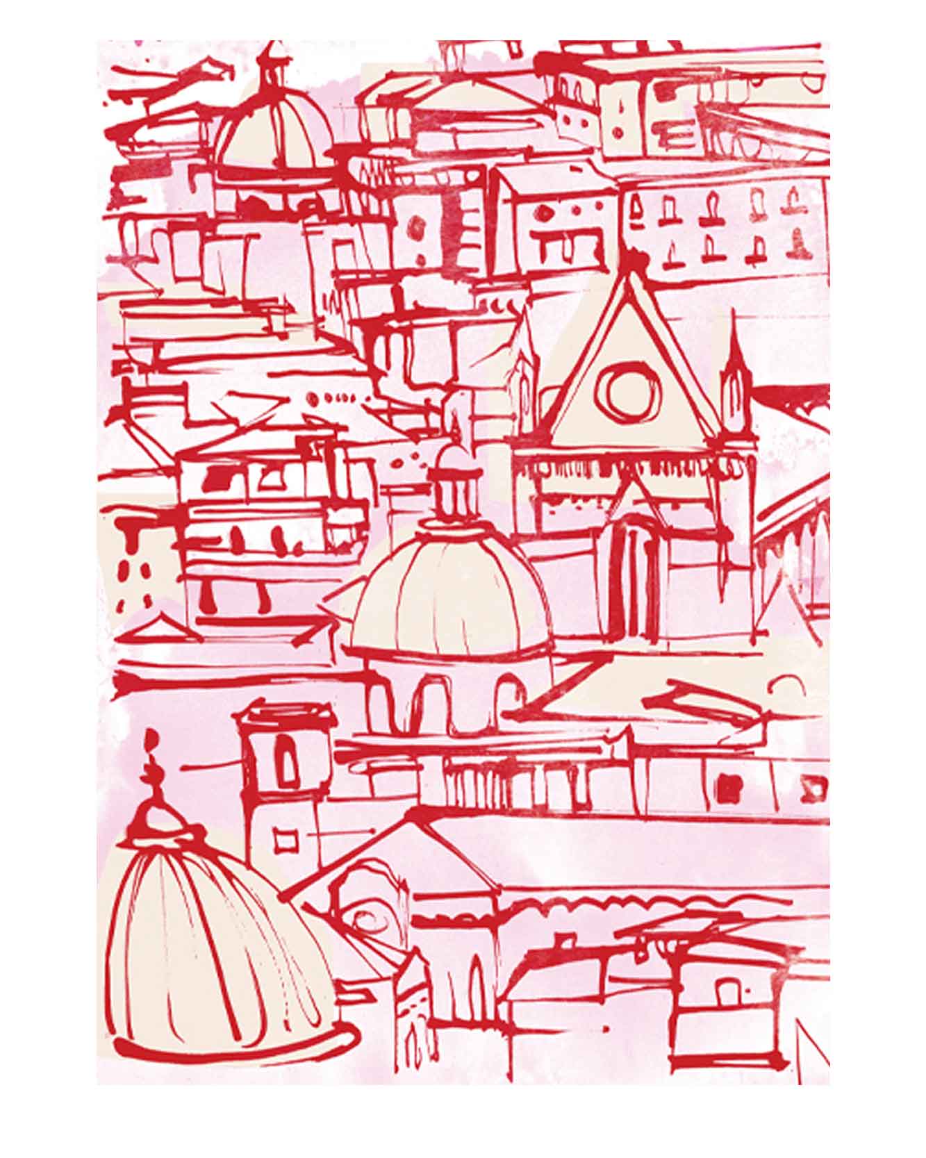 Detail. Silk scarf illustration. Inspired by Italian city of Naples for fashion brand Kiton, who's headquarters are in the ancient Italian city. Simple linear style illustration and flat colours taken from the fashion houses upcoming collections. With drawings of famous Naples landmarks and architecture.