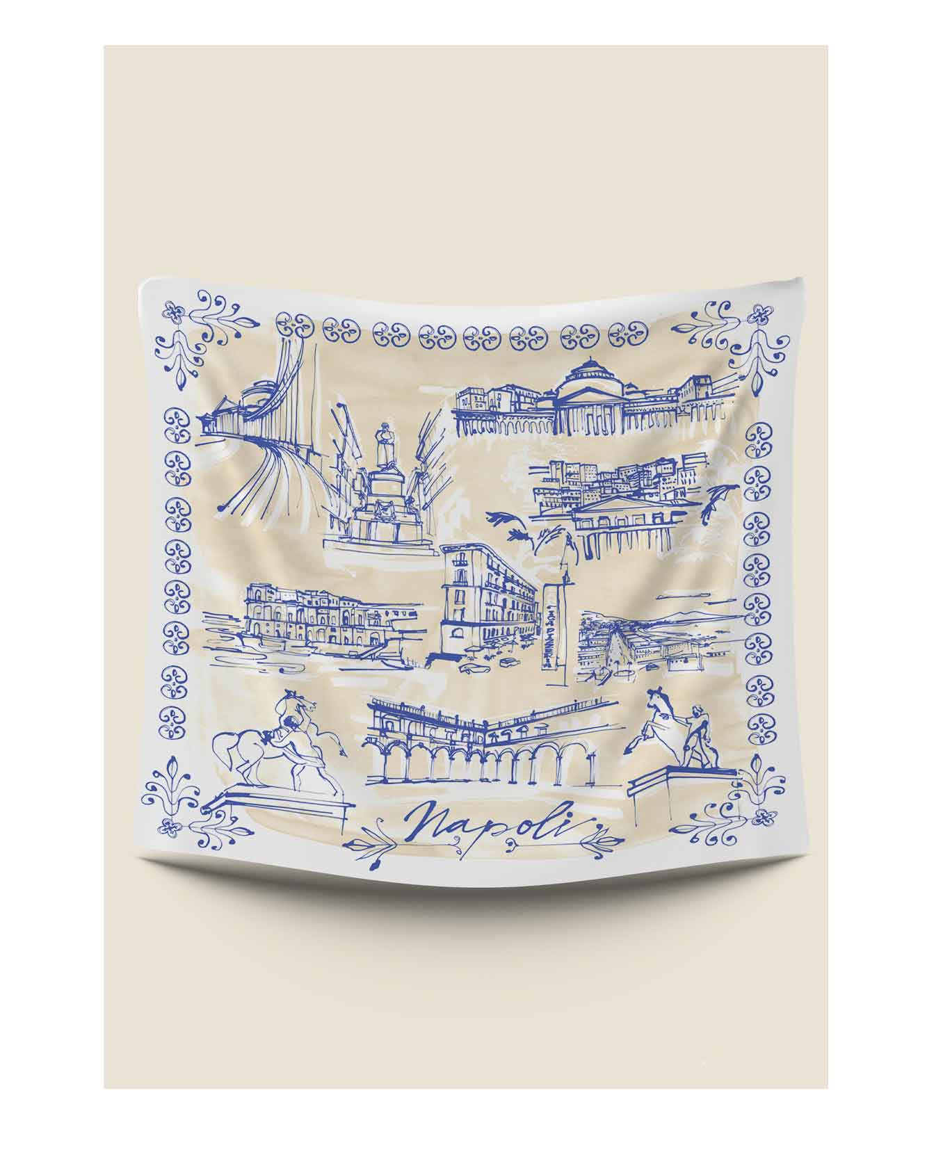 Silk scarf illustration. Inspired by Italian city of Naples for fashion brand Kiton, who's headquarters are in the ancient Italian city. Simple linear style illustration and flat colours taken from the fashion houses upcoming collections. With drawings of famous Naples landmarks and architecture.