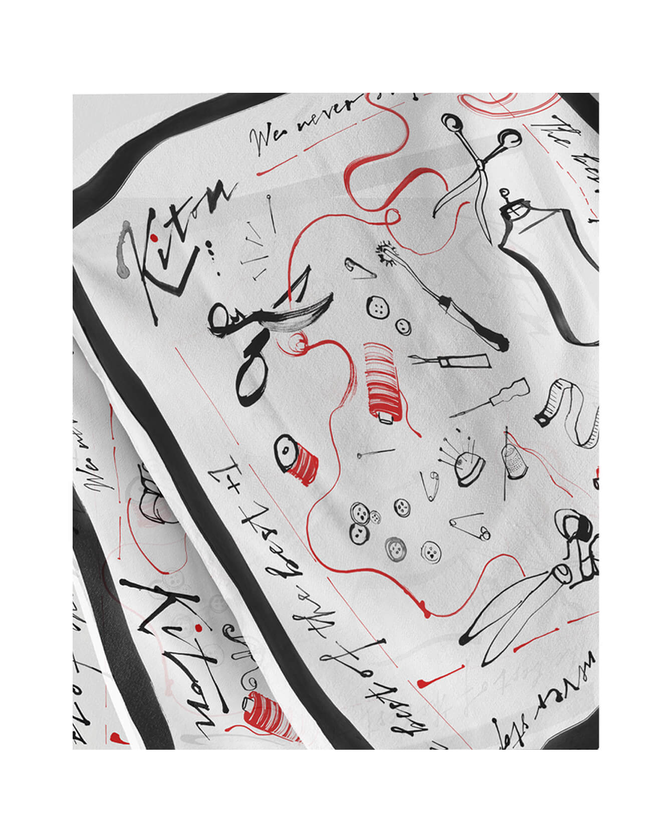 Hand painted illustrated objects - the tailors tools. Scissors, needles, thread, fashion mannequin, All brush stroke, hand painted ink style illustration and hand drawn lettering - for Naples fashion house Kiton. In a limited colour palette of black, white and red.