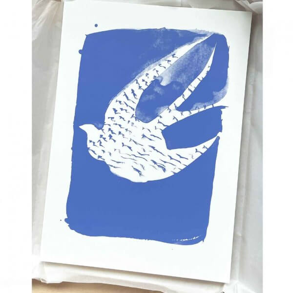 An edition 50 screen print by Caroline Tomlinson inspired by the belonging. One colour hand printed silkscreen A3 sized print. Purple, lilac background and white a swallow returning home.