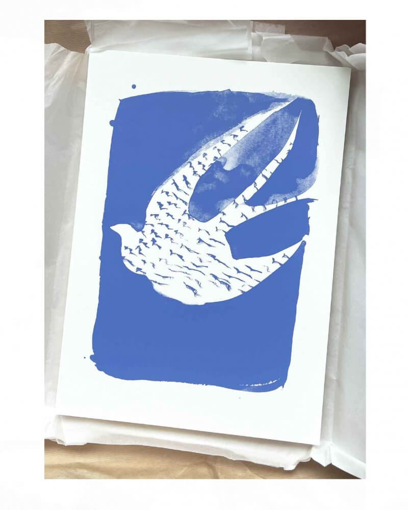 An edition 50 screen print by Caroline Tomlinson inspired by the belonging. One colour hand printed silkscreen A3 sized print. Purple, lilac background and white a swallow returning home.
