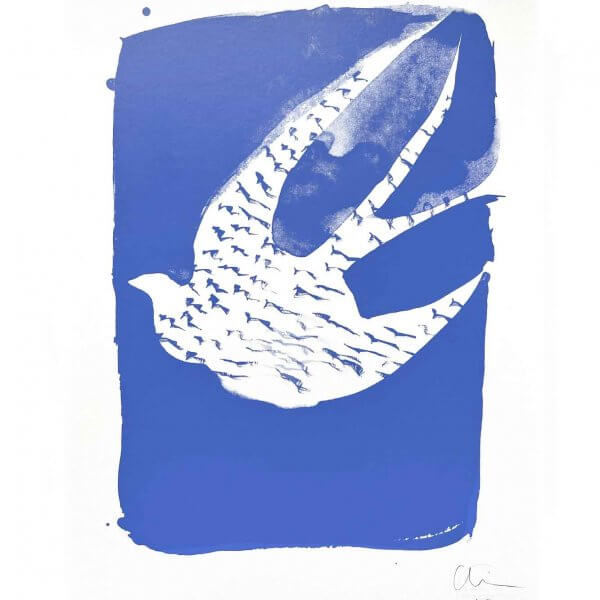 The edition 50 screen print by Caroline Tomlinson inspired by the belonging. One colour hand printed silkscreen A3 sized print. Purple, lilac background and white a swallow returning home.