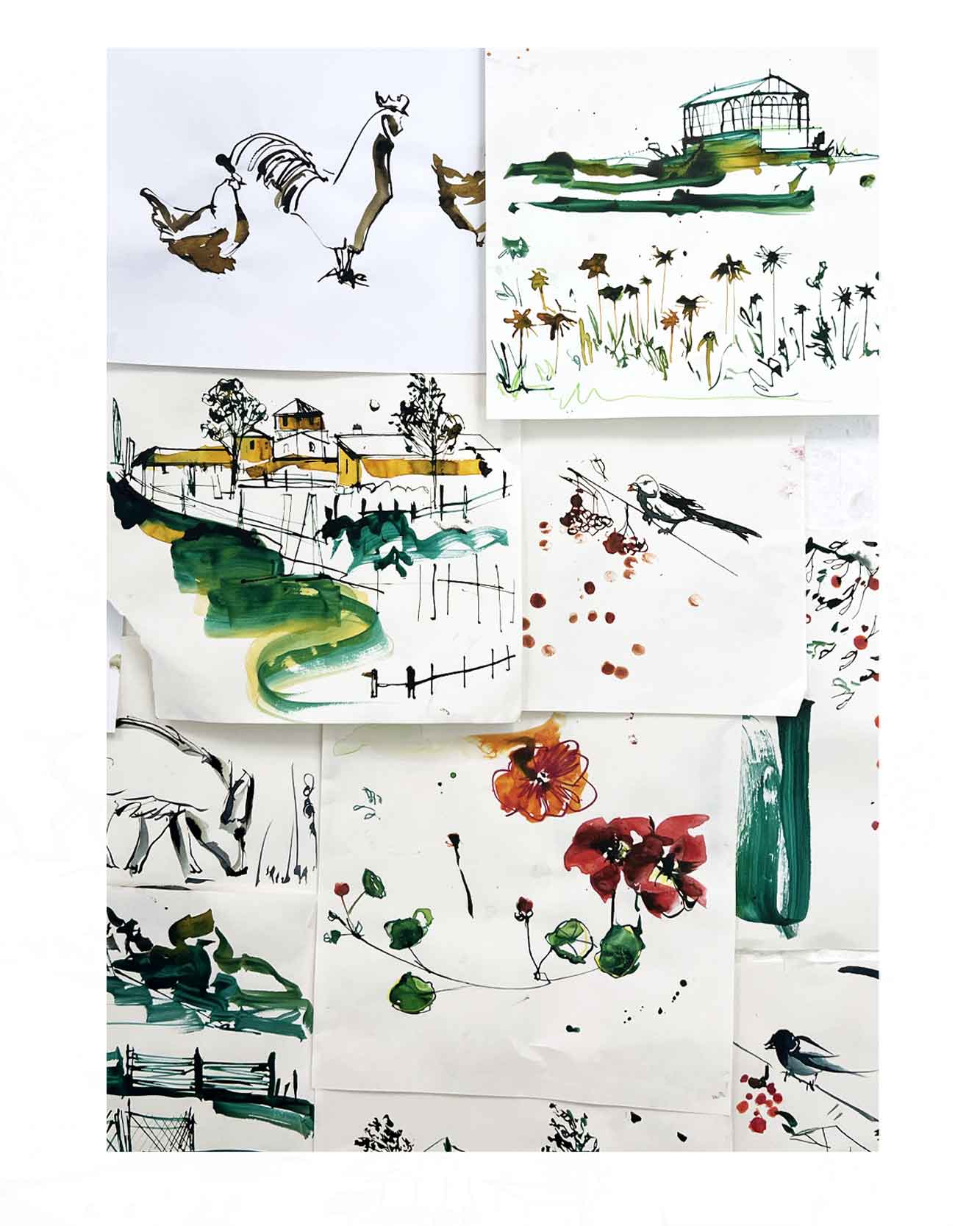 Sketches for travel inspired illustration for Suitcase magazine. Horticultural inspired Monastery in France. Painted in watercolour and ink. With nature and people garden. 