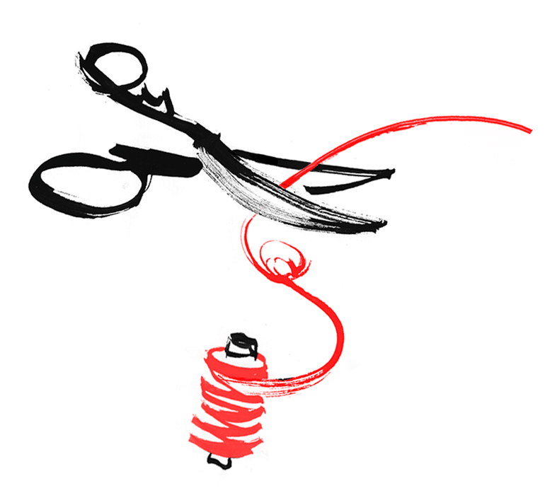 Animated gif of a pair if scissors snipping - brush stroke ink illustration animated for Naples fashion house Kiton