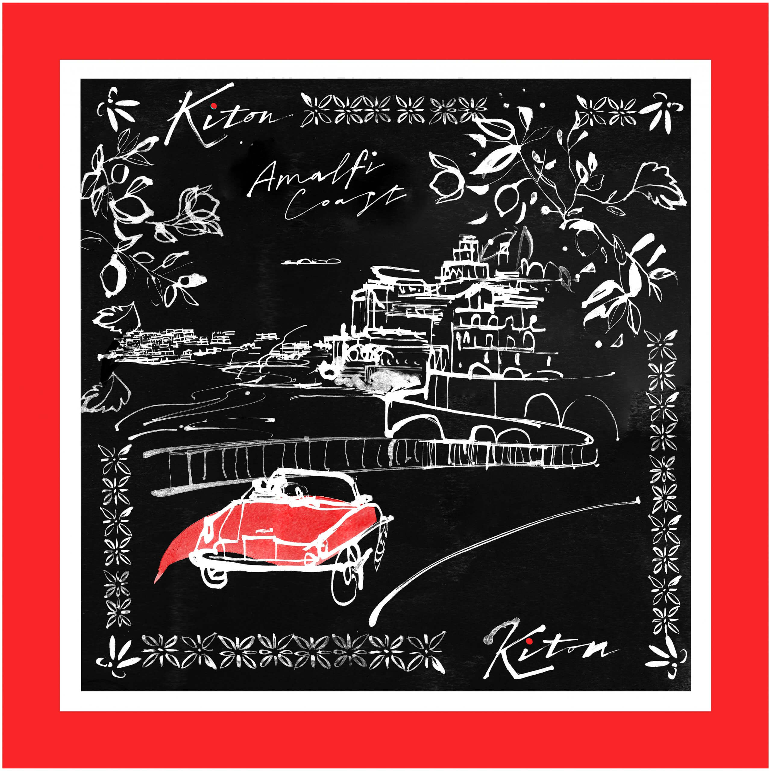 In celebration of the famous Amalfi Coast the Italian fashion house Kiton commissioned an illustration for a luxury printed silk scarf. Simple line illustration of the coast line complete with an iItalian sports car whizzing around the corner.