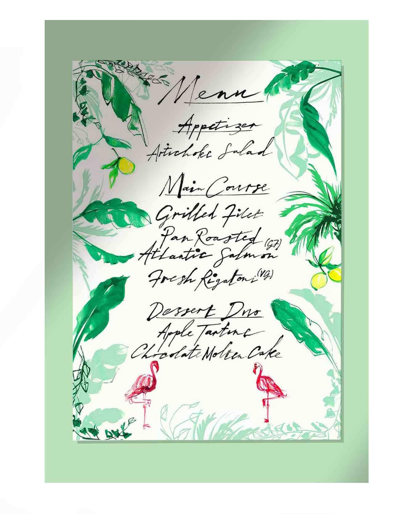 Illustrated and hand lettering menu inspired by palm trees and flamingos - for an exclusive Amazon Influencer event at Beverley Hill Hotel Los Angeles.