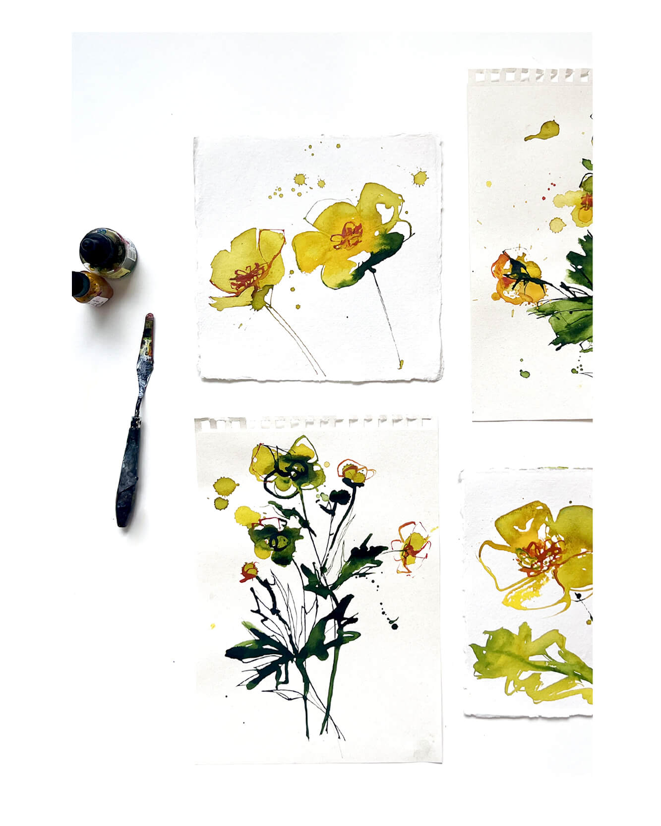 Buttercups filling a field, little specks of yellow - little drops of sunshine to mark the beginning of Summertime. Sketches taken from my Summer sketchbook.