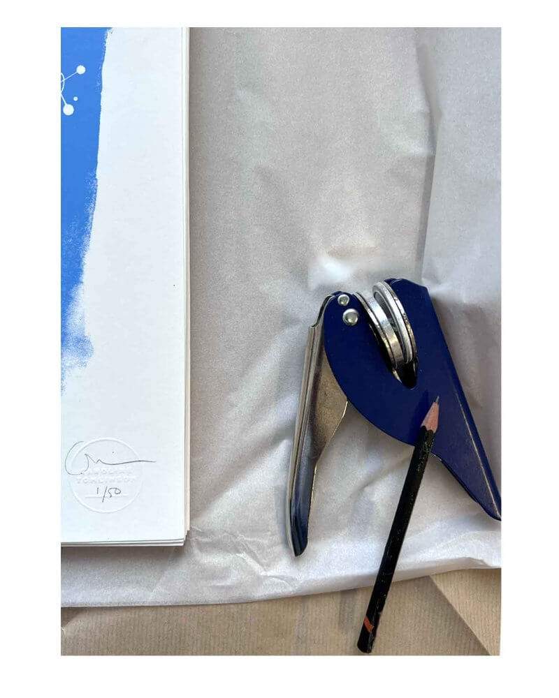 Detail of signature and emboss edition "Free' edition 50. Two colour screen print by Caroline Tomlinson inspired by the belonging and freedom Two colour hand printed silkscreen A3 sized print.Sky blue background and yves klein blue swallow heading up with hand written Free.
