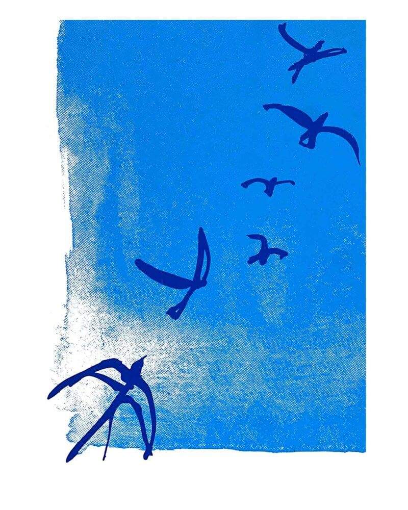 Caroline Tomlinson silkscreen edition. Detail "Free' edition 50. Two colour screen print by Caroline Tomlinson inspired by the belonging and freedom Two colour hand printed silkscreen A3 sized print.Sky blue background and yves klein blue swallow heading up with hand written Free.