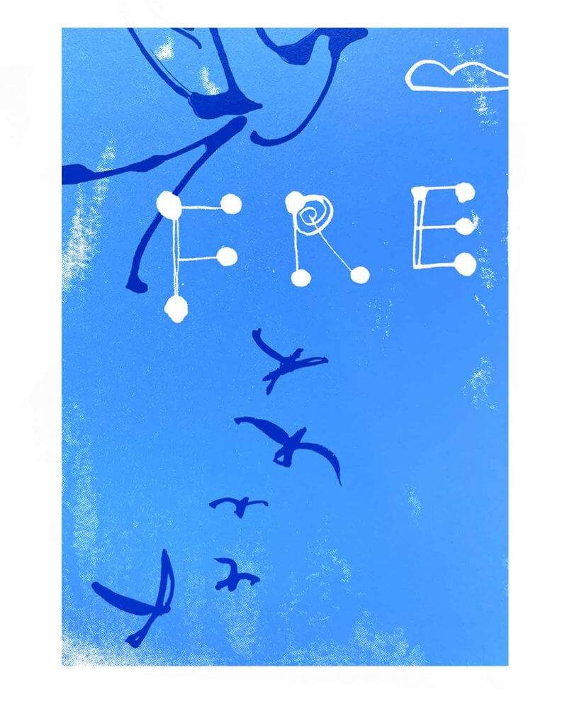 Detail "Free'' edition 50. Two colour screen print by Caroline Tomlinson inspired by the belonging and freedom Two colour hand printed silkscreen A3 sized print.Sky blue background and yves klein blue swallow heading up with hand written Free.