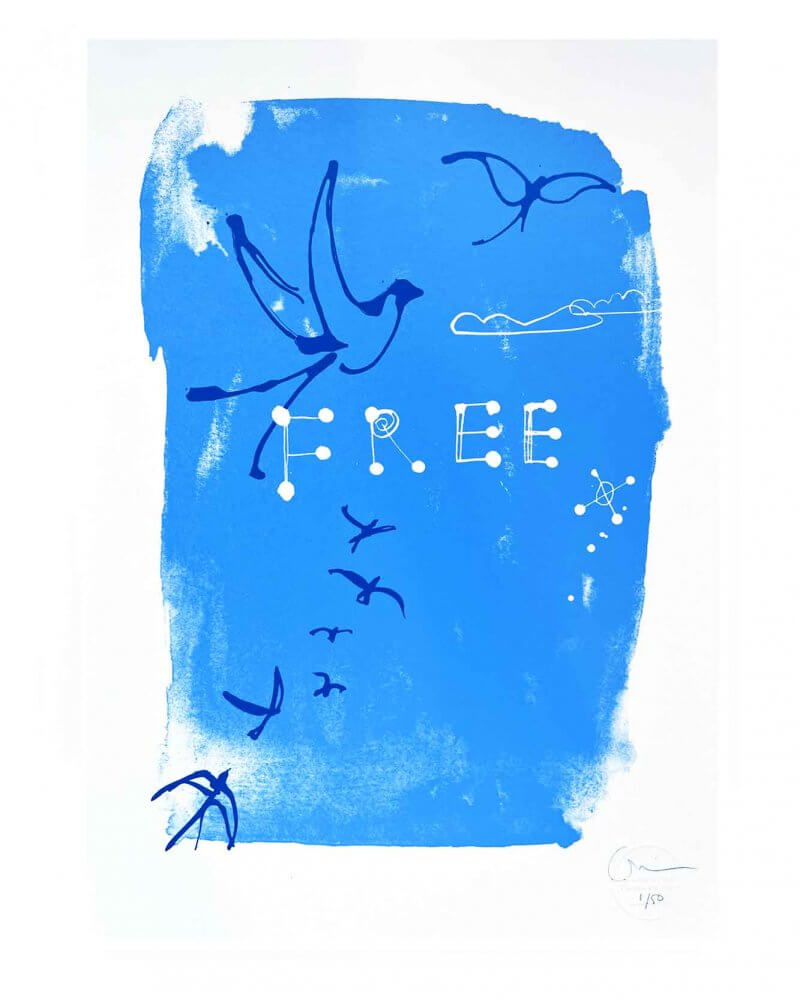 Caroline Tomlinson silkscreen edition. "Free' edition 50. Two colour screen print by Caroline Tomlinson inspired by the belonging and freedom Two colour hand printed silkscreen A3 sized print.Sky blue background and yves klein blue swallow heading up with hand written Free.