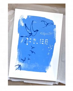 "Free' edition 50. Two colour screen print by Caroline Tomlinson inspired by the belonging and freedom Two colour hand printed silkscreen A3 sized print.Sky blue background and yves klein blue swallow heading up with hand written Free.